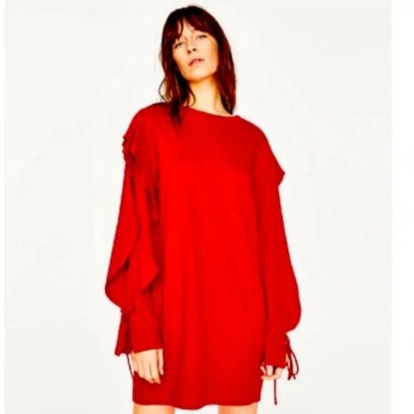 Women's Zara Red Ruffle Long Sleeve Knit Mini Dress Size Large - Picture 2 of 6